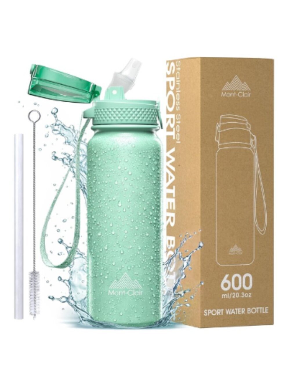 Mont-Clair Sport 20oz Insulated Water Bottle Straw Leakproof BPA Free Green